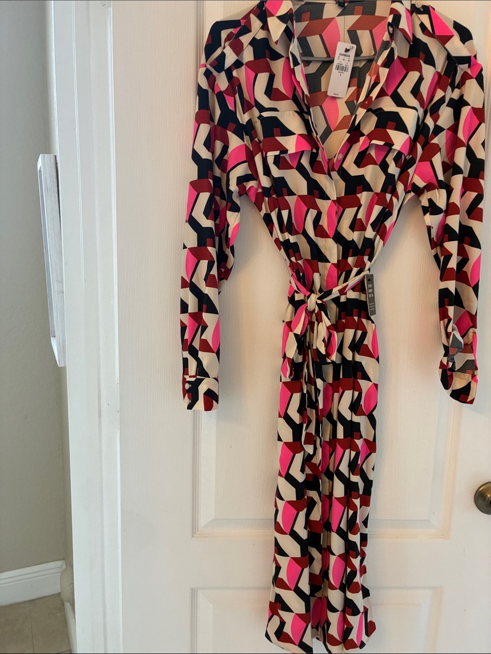 Express Geometric Wrap Dress in Pink, Black and Cream
